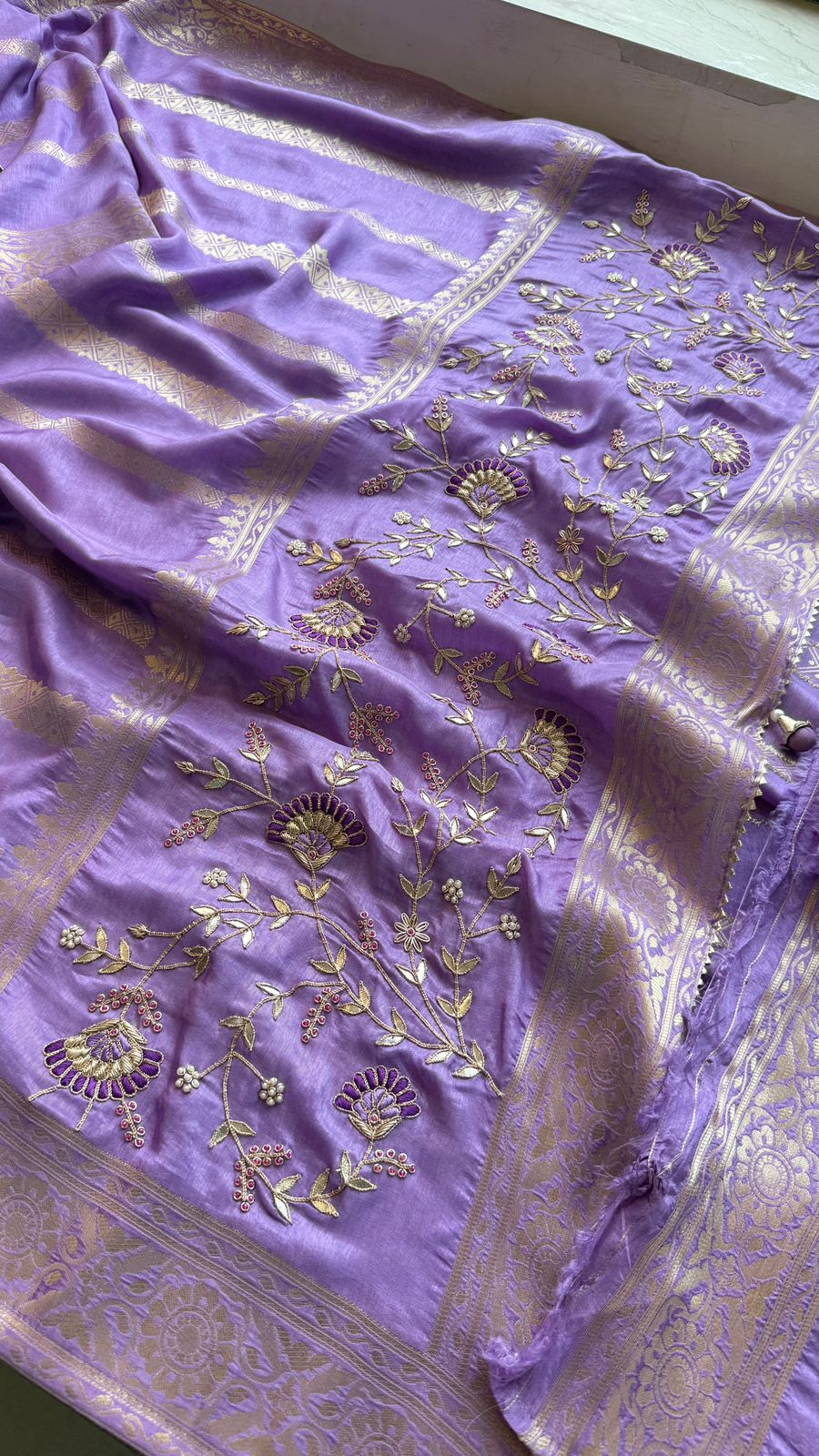 Zardozi Sequins And Gotta Patti On Munga Silk Banarasi · 56 Artisan Hours of work · The Sunehri Edit