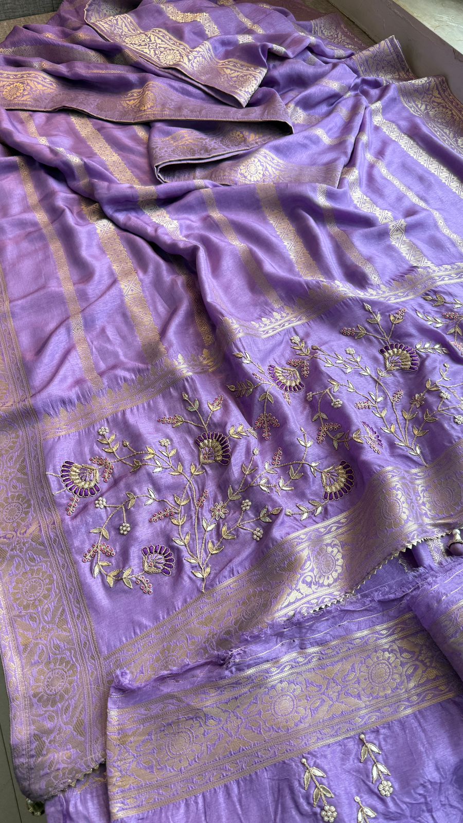 Banarasi Munga Silk Saree With Zardozi Sequins And Gotapatti Handwork