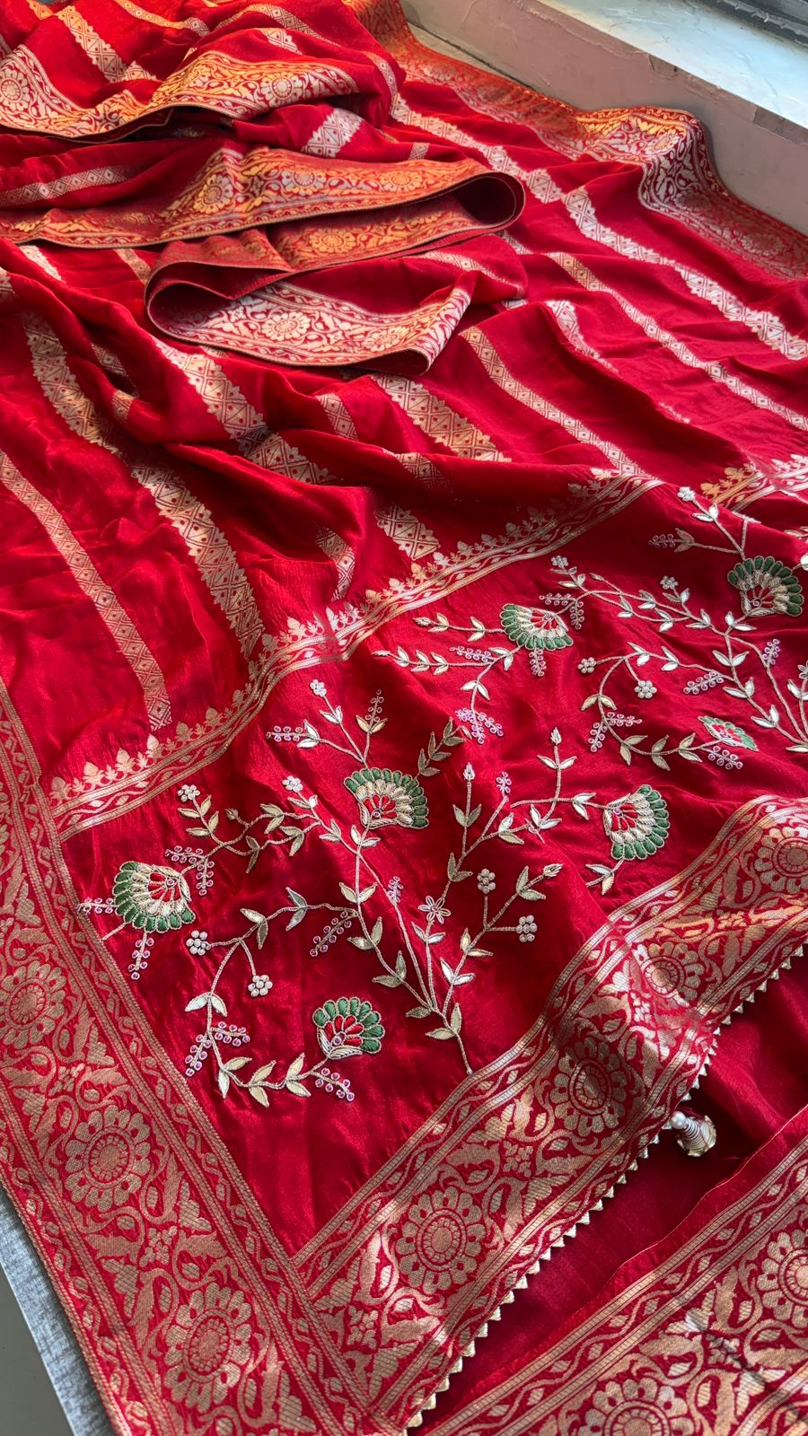 Banarasi Munga Silk Saree With Zardozi Sequins And Gotapatti Handwork