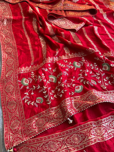 Banarasi Munga Silk Saree With Zardozi Sequins And Gotapatti Handwork