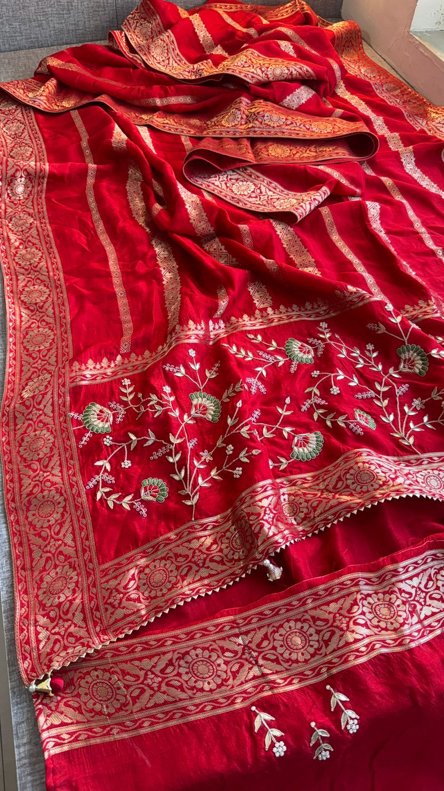 Zardozi Sequins And Gotta Patti On Munga Silk Banarasi · 56 Artisan Hours of work · The Sunehri Edit