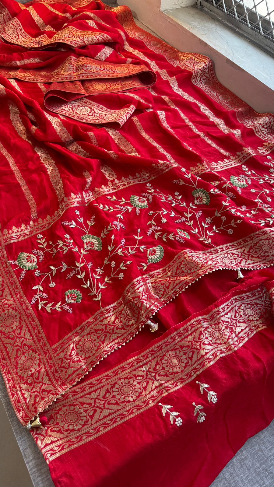 Banarasi Munga Silk Saree With Zardozi Sequins And Gotapatti Handwork