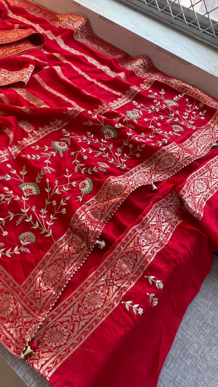 Banarasi Munga Silk Saree With Zardozi Sequins And Gotapatti Handwork