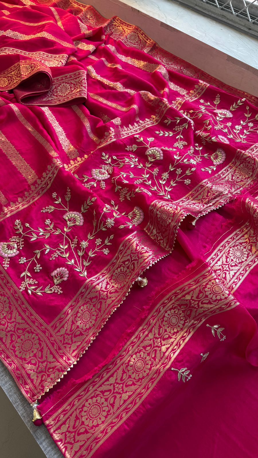 Banarasi Munga Silk Saree With Zardozi Sequins And Gotapatti Handwork