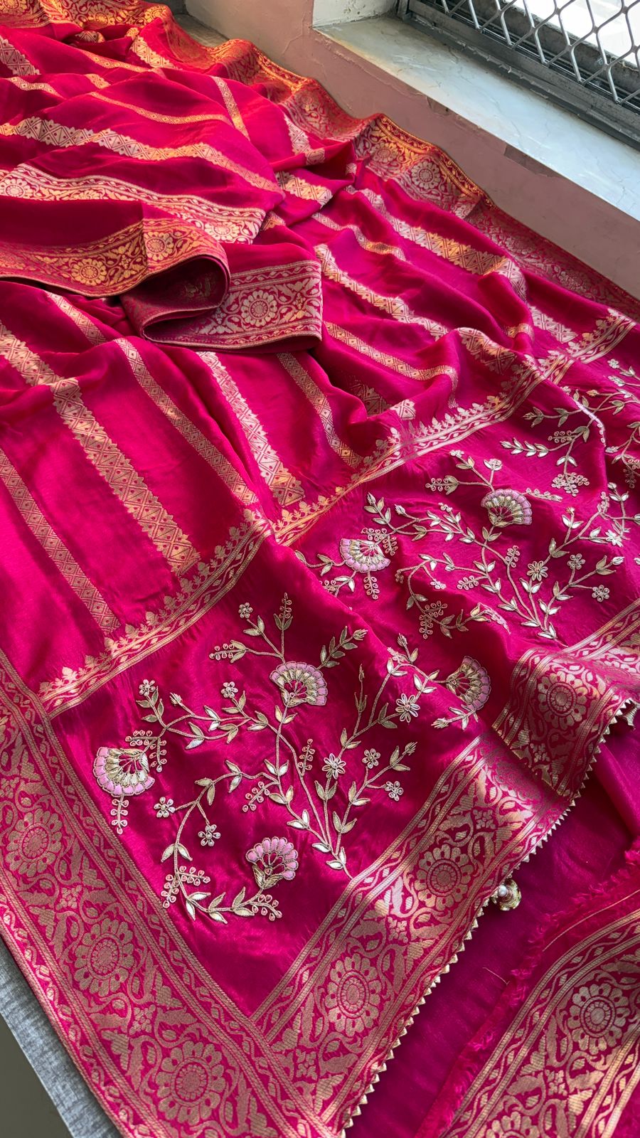 Zardozi Sequins And Gotta Patti On Munga Silk Banarasi · 56 Artisan Hours of work · The Sunehri Edit
