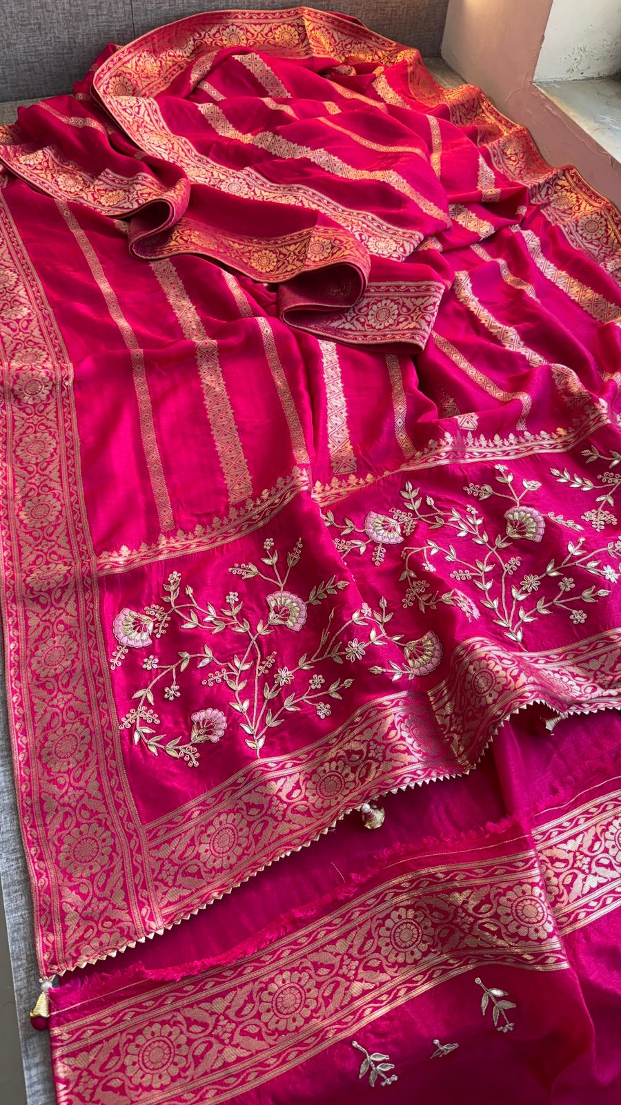 Banarasi Munga Silk Saree With Zardozi Sequins And Gotapatti Handwork