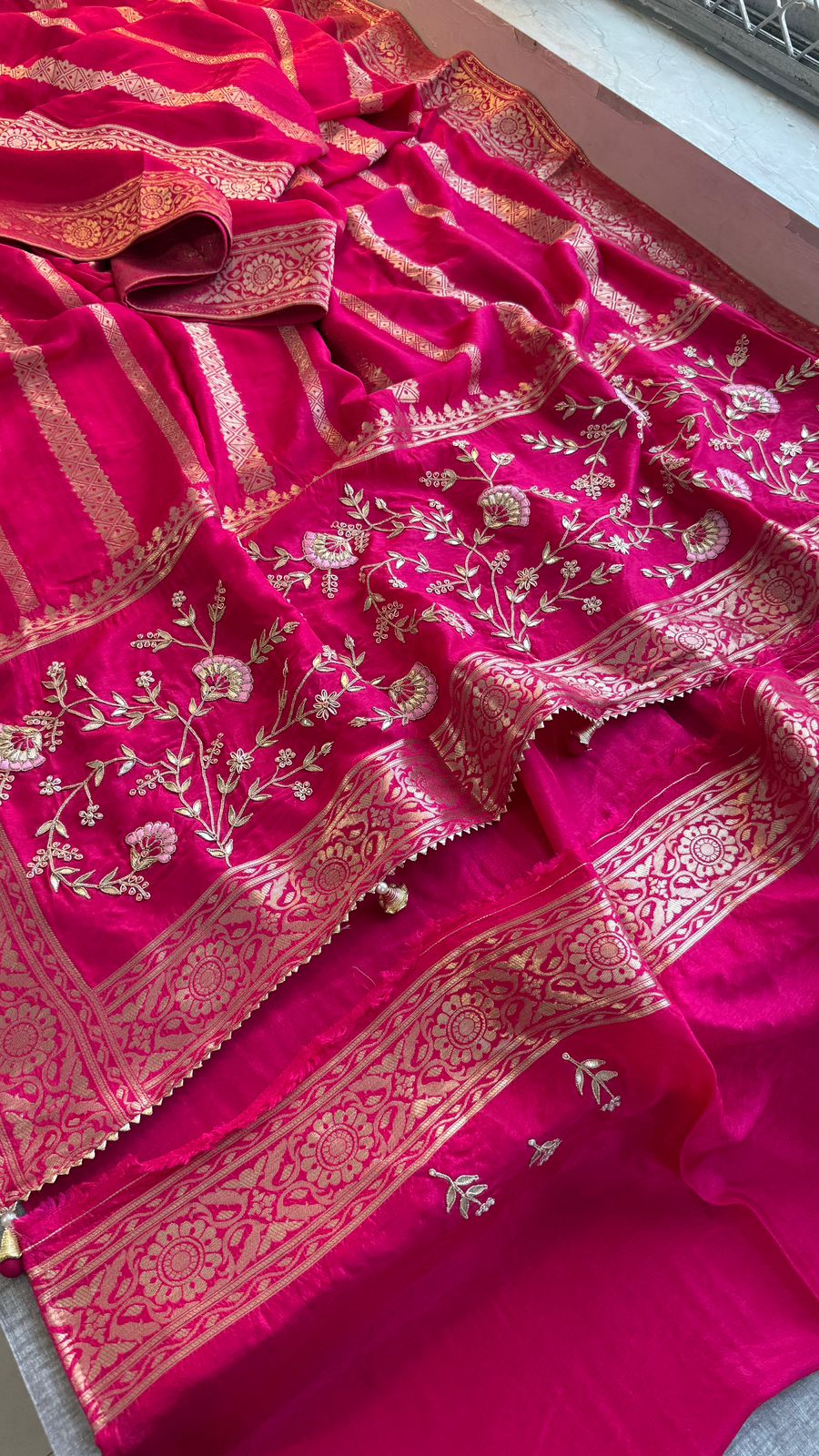 Zardozi Sequins And Gotta Patti On Munga Silk Banarasi · 56 Artisan Hours of work · The Sunehri Edit