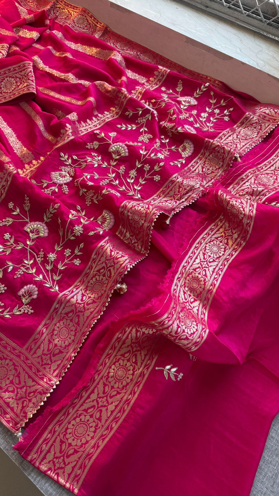 Banarasi Munga Silk Saree With Zardozi Sequins And Gotapatti Handwork