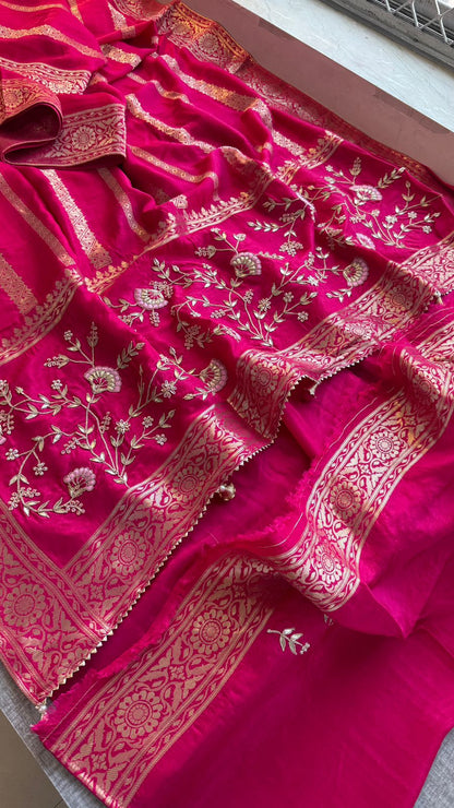 Zardozi Sequins And Gotta Patti On Munga Silk Banarasi · 56 Artisan Hours of work · The Sunehri Edit