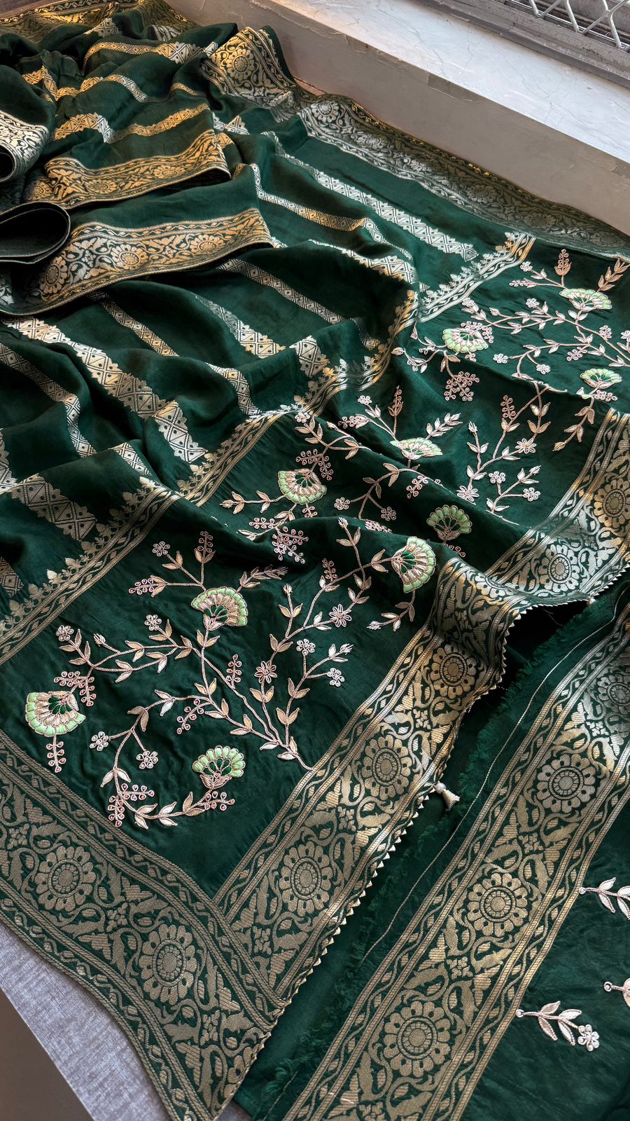 Banarasi Munga Silk Saree With Zardozi Sequins And Gotapatti Handwork