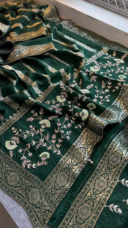 Zardozi Sequins And Gotta Patti On Munga Silk Banarasi · 56 Artisan Hours of work · The Sunehri Edit
