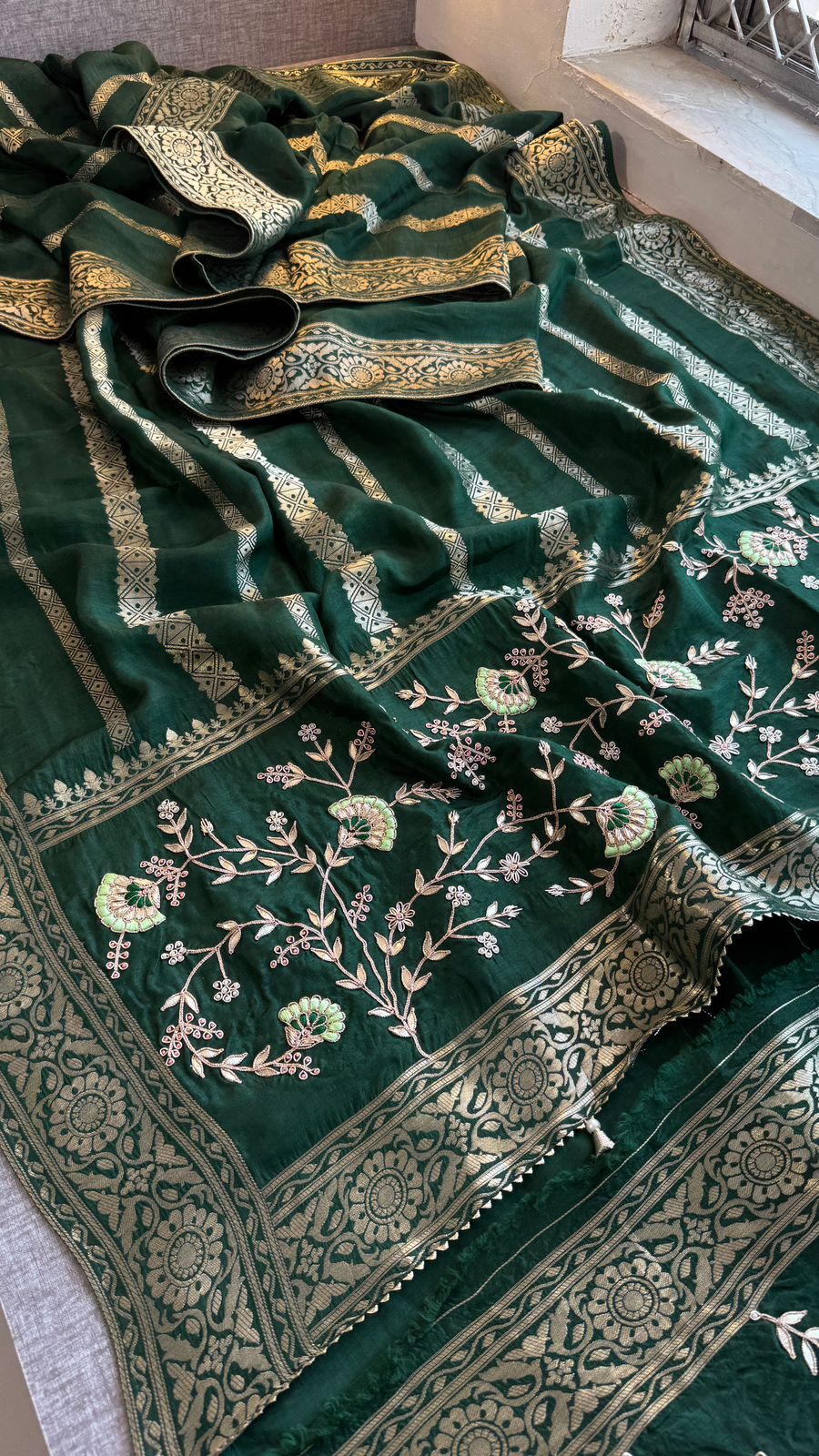Banarasi Munga Silk Saree With Zardozi Sequins And Gotapatti Handwork