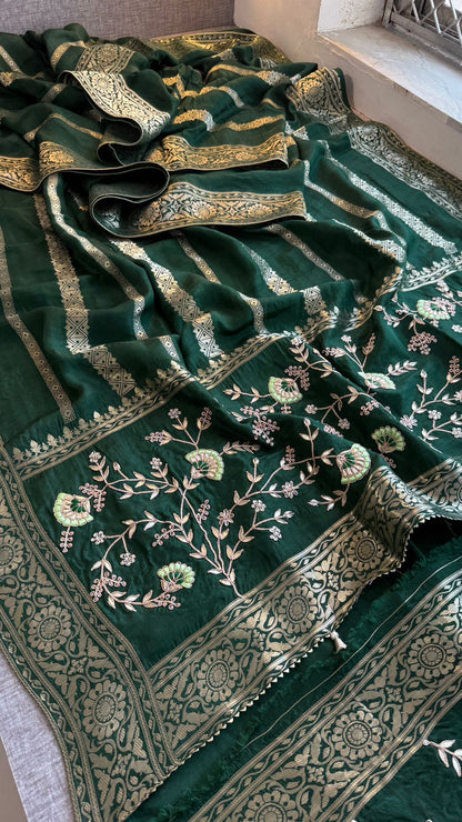 Zardozi Sequins And Gotta Patti On Munga Silk Banarasi · 56 Artisan Hours of work · The Sunehri Edit