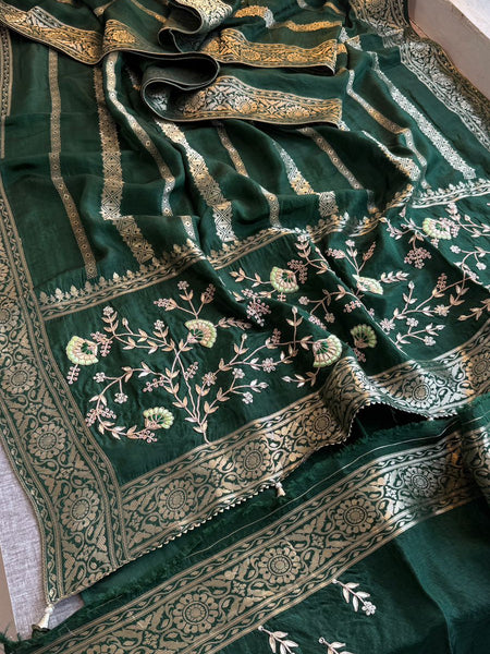 Banarasi Munga Silk Saree With Zardozi Sequins And Gotapatti Handwork