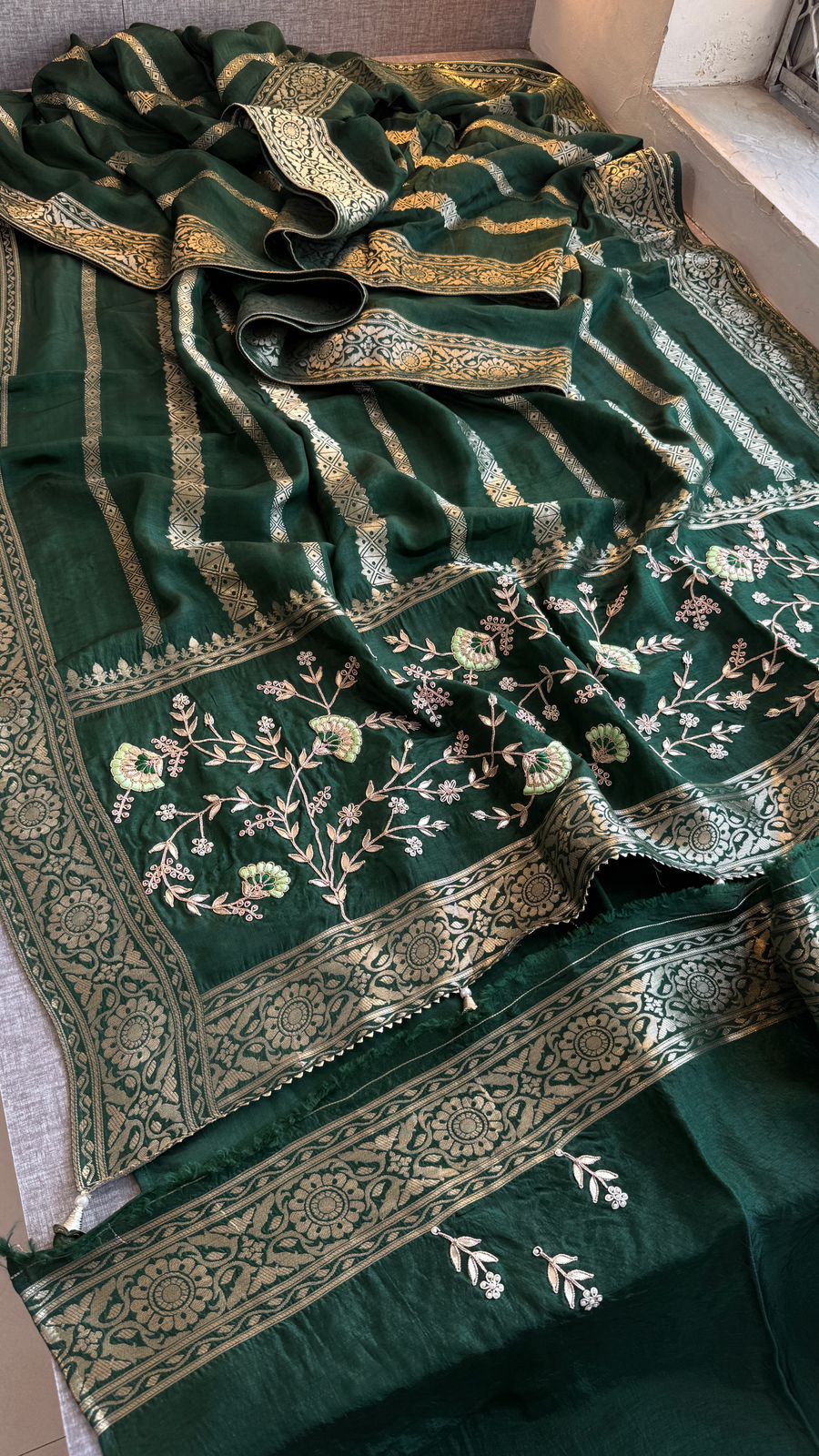 Banarasi Munga Silk Saree With Zardozi Sequins And Gotapatti Handwork