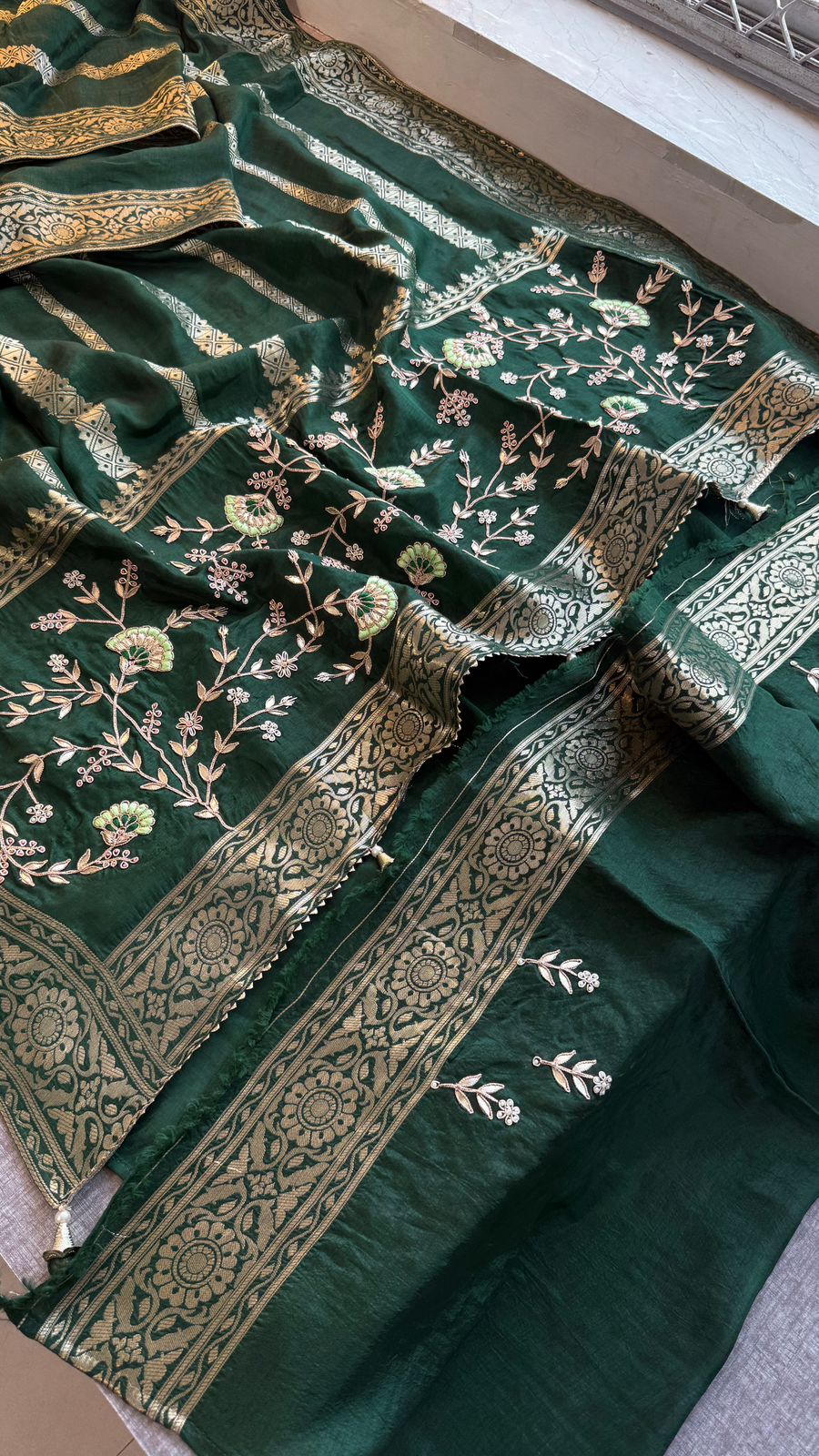 Banarasi Munga Silk Saree With Zardozi Sequins And Gotapatti Handwork