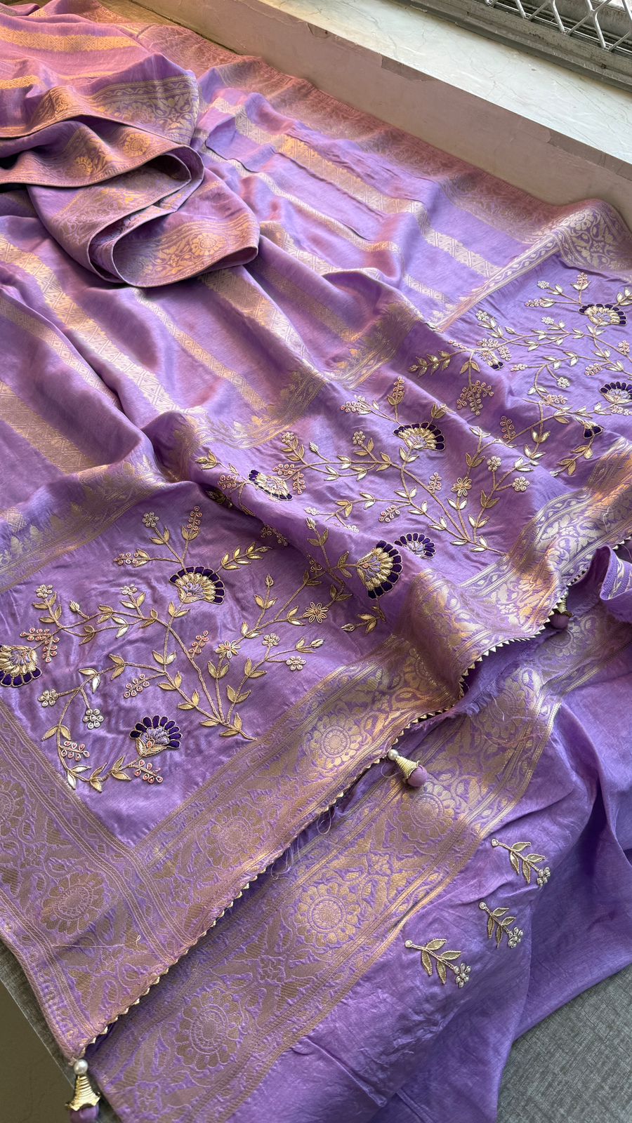 Zardozi Sequins And Gotta Patti On Munga Silk Banarasi · 56 Artisan Hours of work · The Sunehri Edit