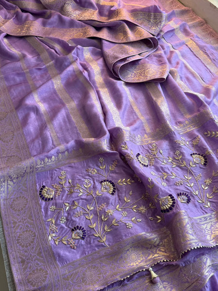 Banarasi Munga Silk Saree With Zardozi Sequins And Gotapatti Handwork