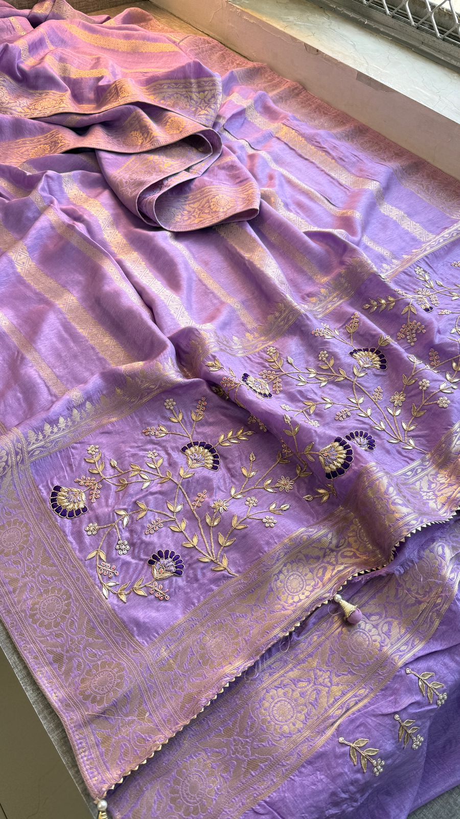 Zardozi Sequins And Gotta Patti On Munga Silk Banarasi · 56 Artisan Hours of work · The Sunehri Edit