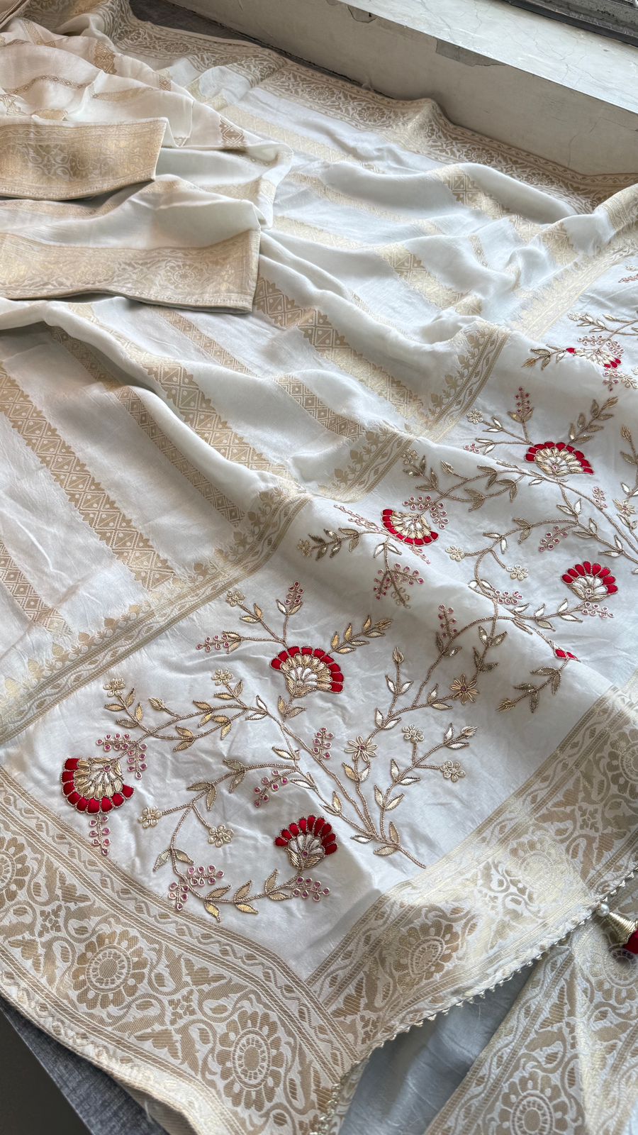 Zardozi Sequins And Gotta Patti On Munga Silk Banarasi · 56 Artisan Hours of work · The Sunehri Edit