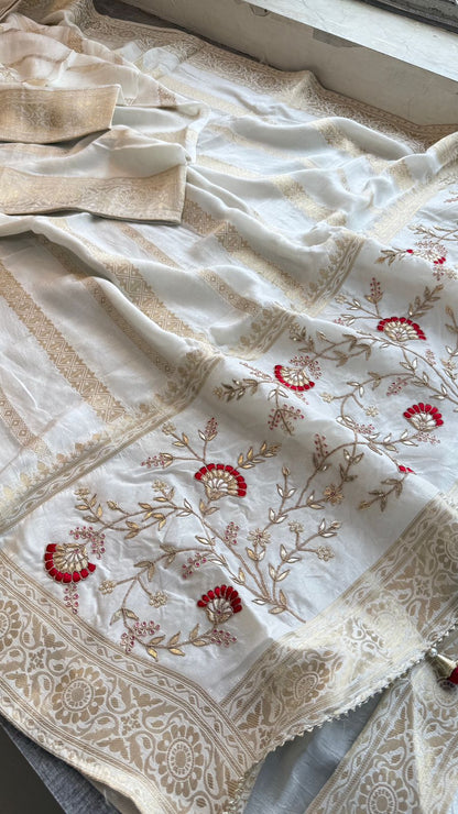 Zardozi Sequins And Gotta Patti On Munga Silk Banarasi · 56 Artisan Hours of work · The Sunehri Edit