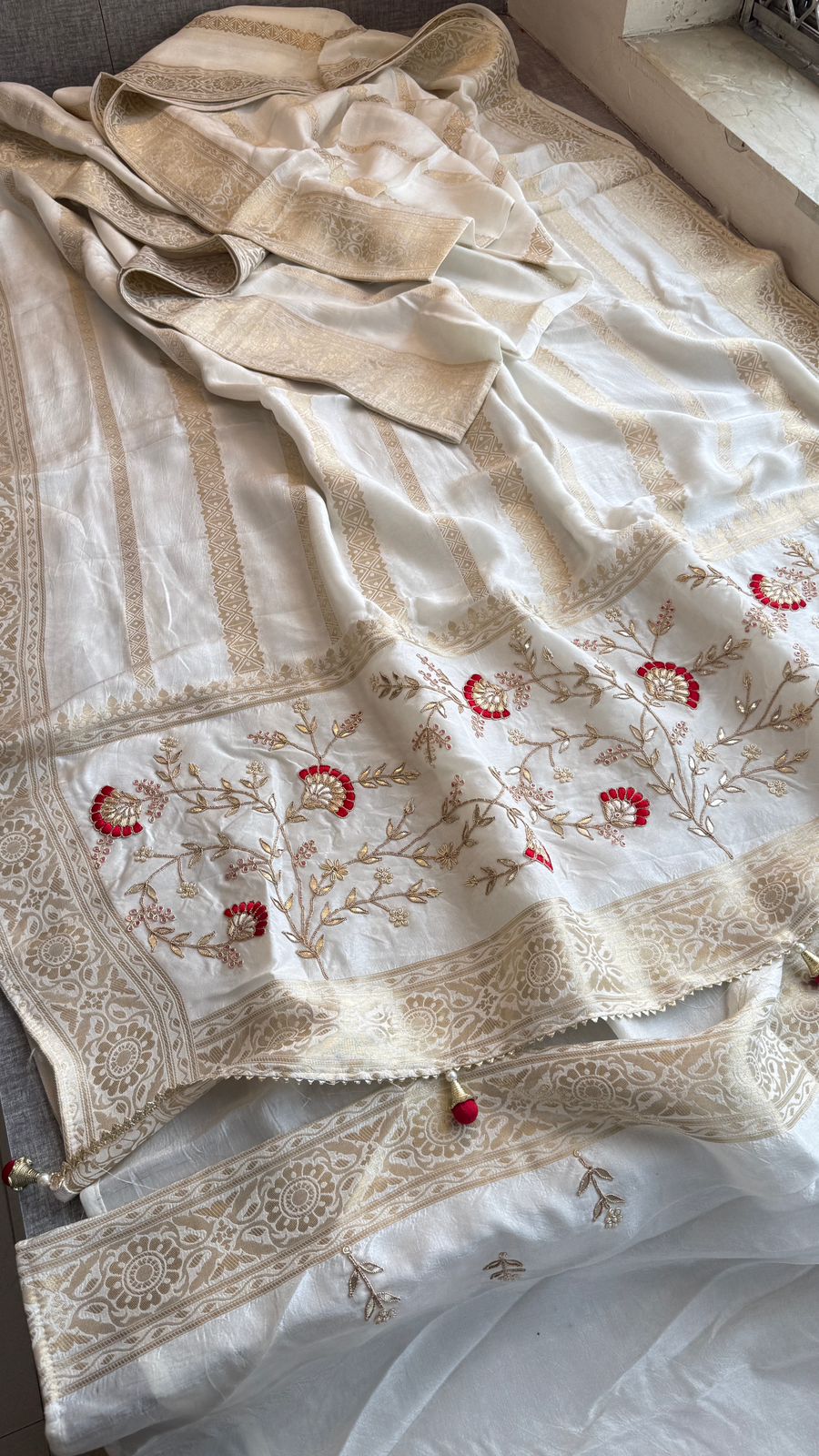 Zardozi Sequins And Gotta Patti On Munga Silk Banarasi · 56 Artisan Hours of work · The Sunehri Edit