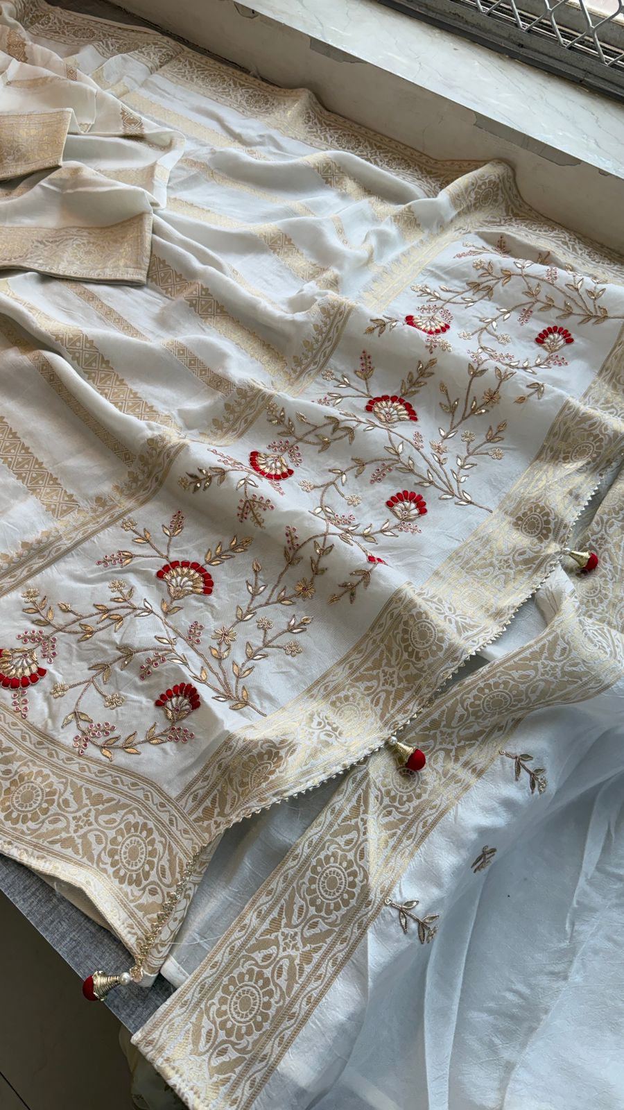Zardozi Sequins And Gotta Patti On Munga Silk Banarasi · 56 Artisan Hours of work · The Sunehri Edit