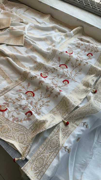 Zardozi Sequins And Gotta Patti On Munga Silk Banarasi · 56 Artisan Hours of work · The Sunehri Edit