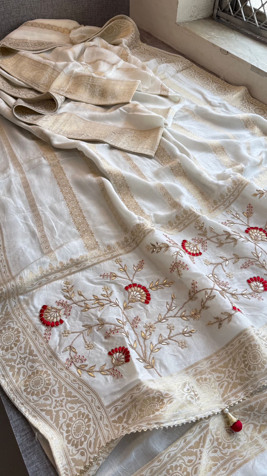 Zardozi Sequins And Gotta Patti On Munga Silk Banarasi · 56 Artisan Hours of work · The Sunehri Edit