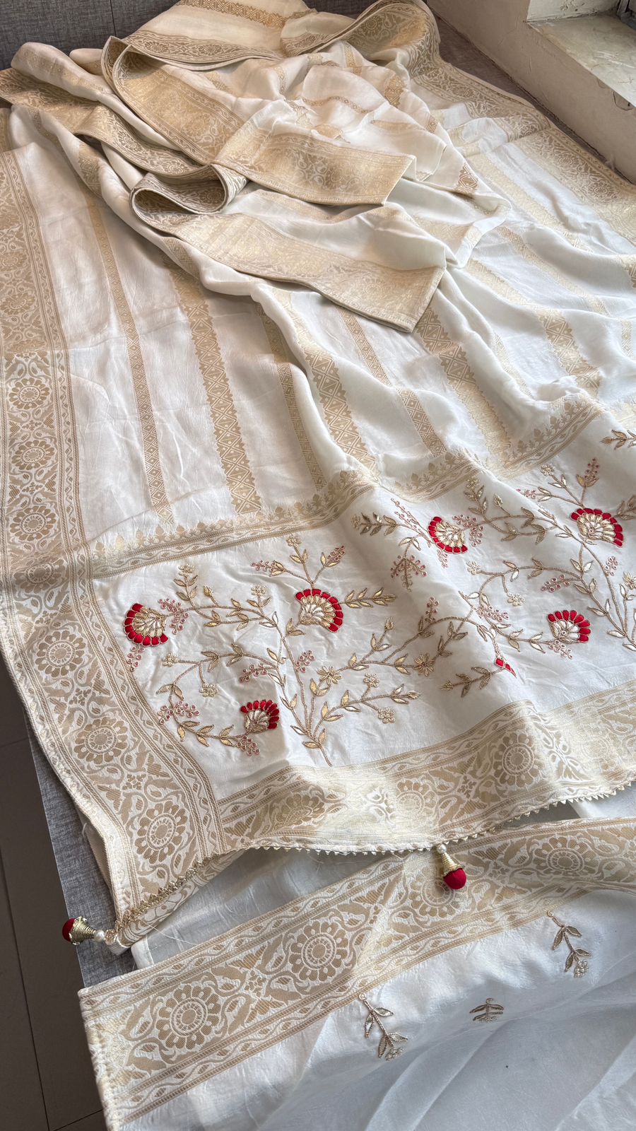 Zardozi Sequins And Gotta Patti On Munga Silk Banarasi · 56 Artisan Hours of work · The Sunehri Edit
