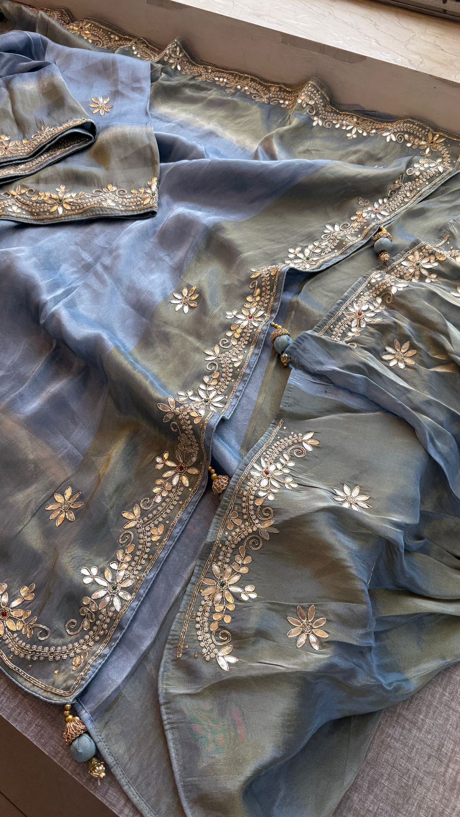 Zardozi Floral And Stone On Cosmo Munga Silk · 72 Artisan Hours of work · The Riwaayat Edit