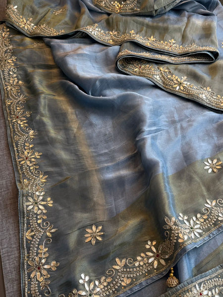 Luxury Cosmo Munga Silk Saree With Hand Zardozi Floral Border & Stone Detailing