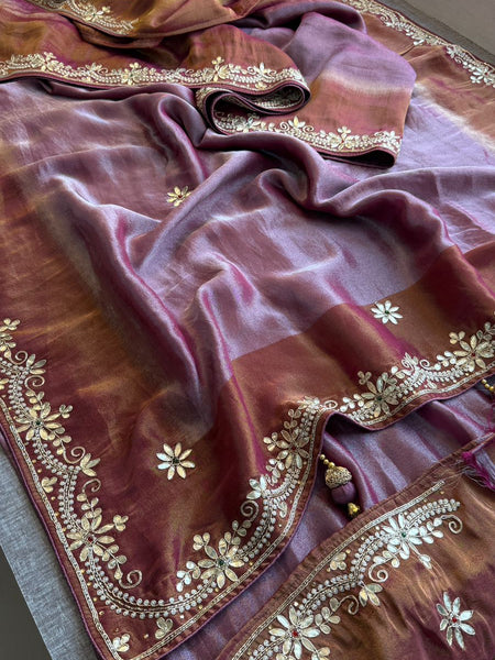Luxury Cosmo Munga Silk Saree With Hand Zardozi Floral Border & Stone Detailing