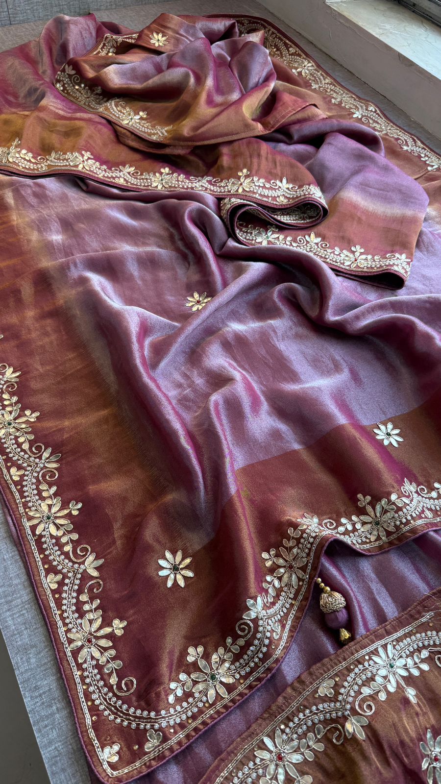 Luxury Cosmo Munga Silk Saree With Hand Zardozi Floral Border & Stone Detailing