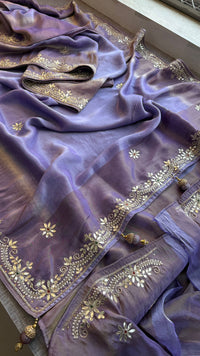Luxury Cosmo Munga Silk Saree With Hand Zardozi Floral Border & Stone Detailing