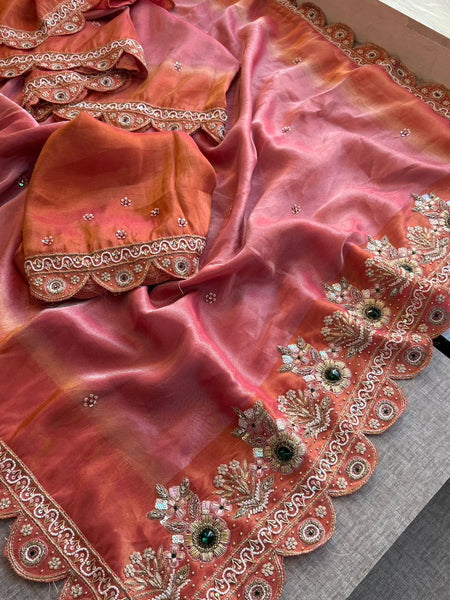Luxury Tissue Cosmo Munga Silk Saree With Hand Zardozi Stone Embroidery Border