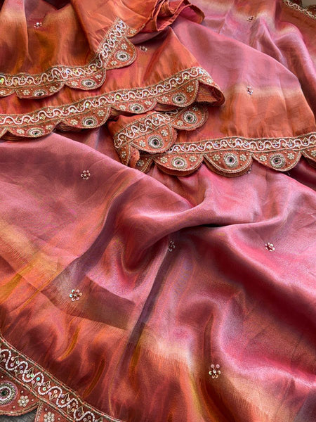 Luxury Tissue Cosmo Munga Silk Saree With Hand Zardozi Stone Embroidery Border