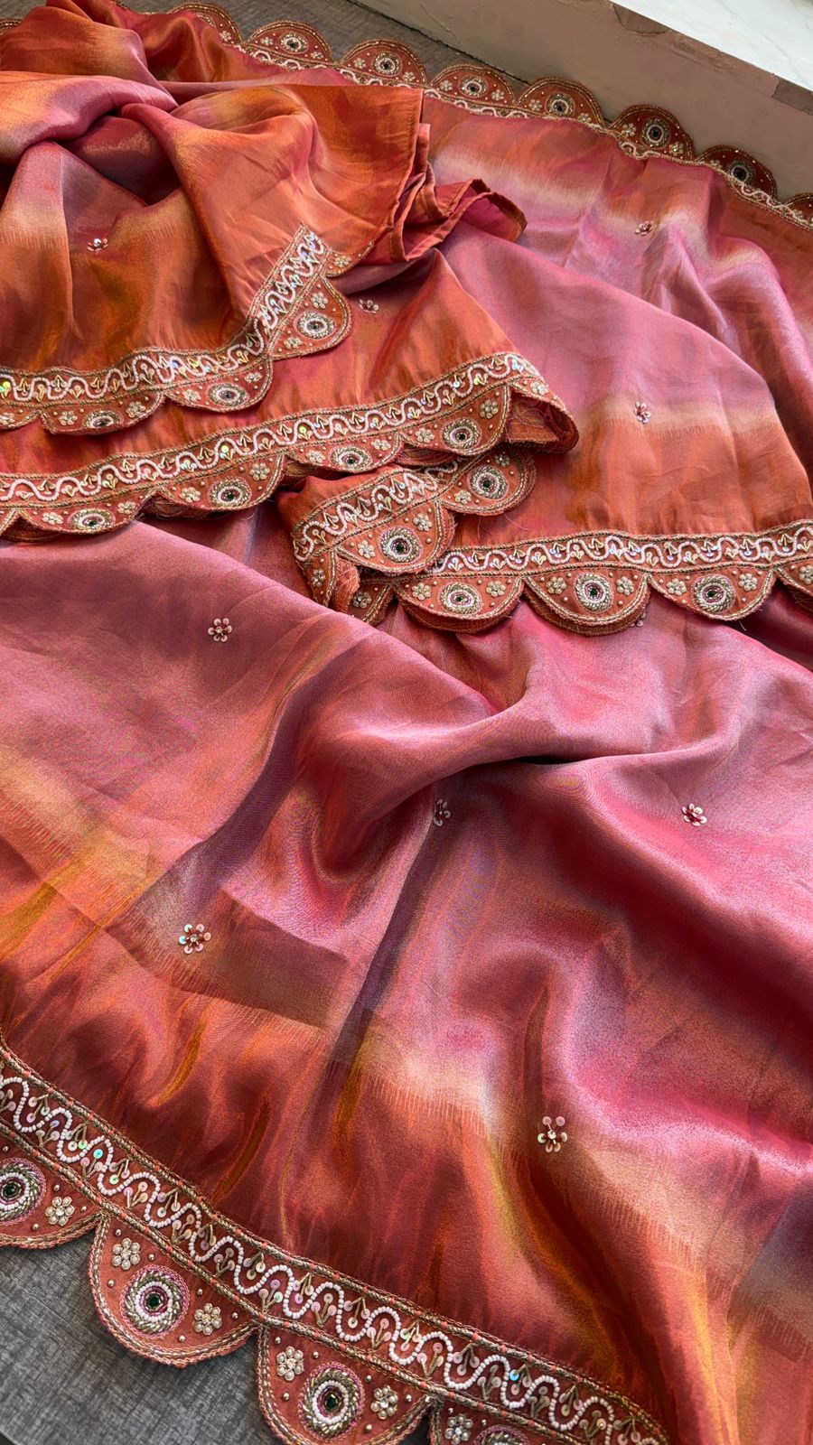 Luxury Tissue Cosmo Munga Silk Saree With Hand Zardozi Stone Embroidery Border