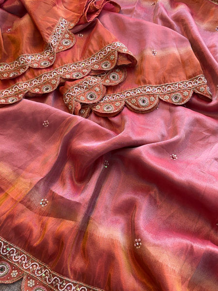 Luxury Tissue Cosmo Munga Silk Saree With Hand Zardozi Stone Embroidery Border