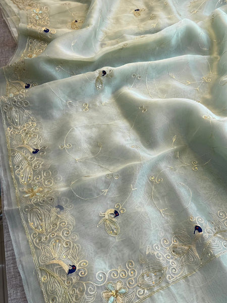 Premium Tissue Organza Saree With Peacock Embroidery And Elegant Floral Border Design