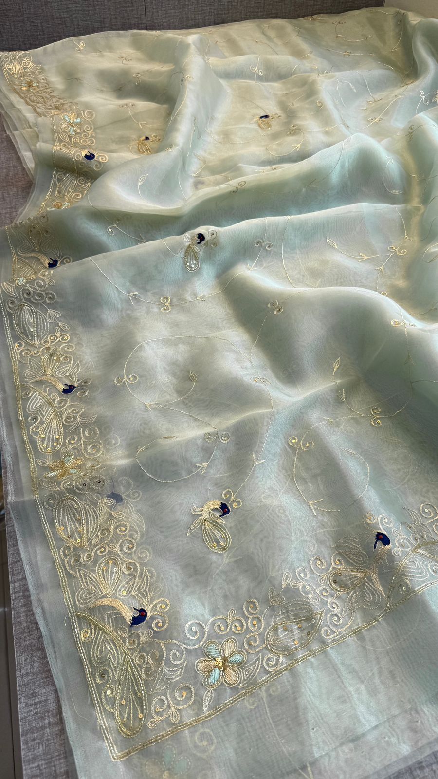 Premium Tissue Organza Saree With Peacock Embroidery And Elegant Floral Border Design