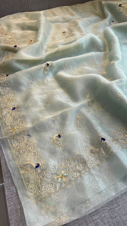 Peacock Resham Embroidery On Tissue Organza Silk · 40 Artisan Hours of work · The Noor Edit