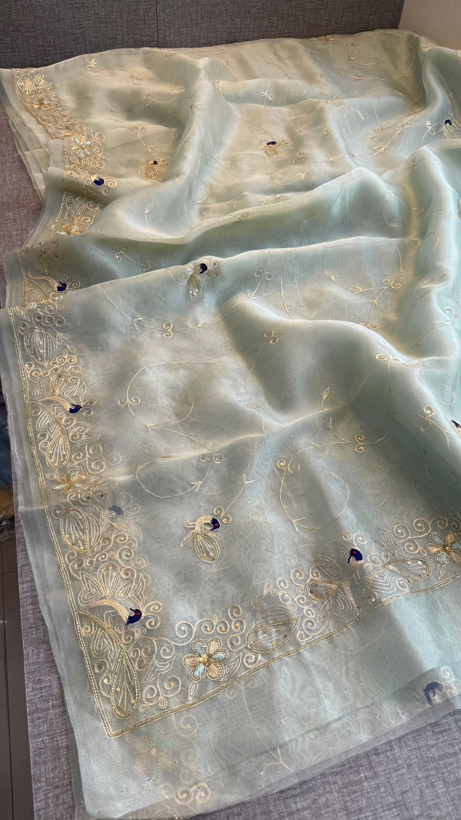 Peacock Resham Embroidery On Tissue Organza Silk · 40 Artisan Hours of work · The Noor Edit