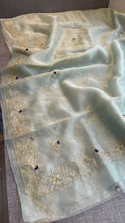 Peacock Resham Embroidery On Tissue Organza Silk · 40 Artisan Hours of work · The Noor Edit