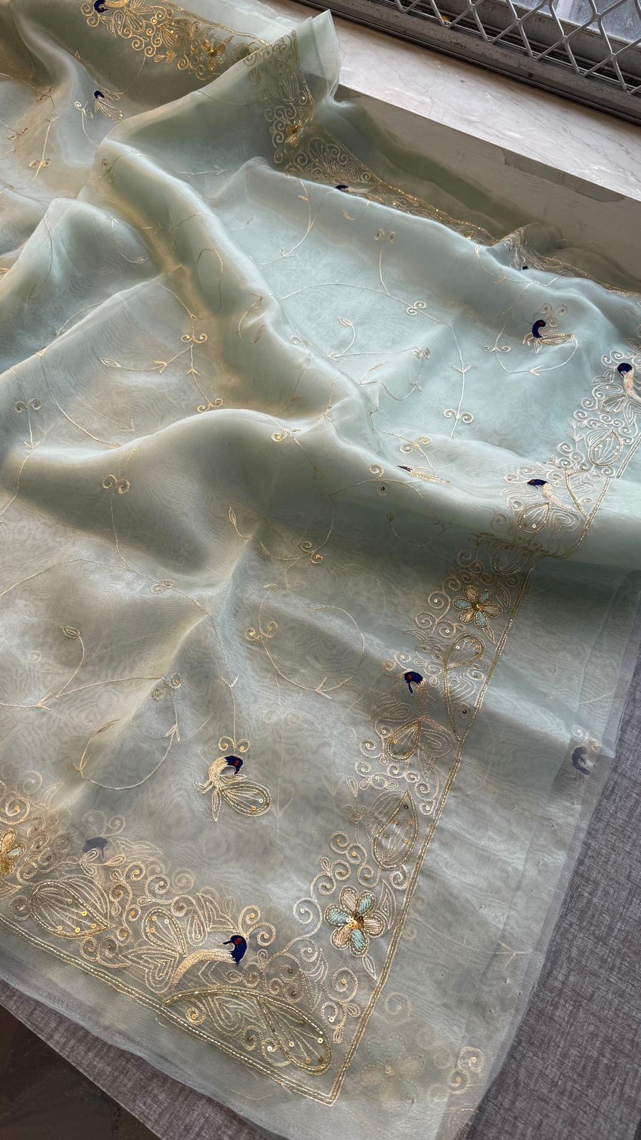 Premium Tissue Organza Saree With Peacock Embroidery And Elegant Floral Border Design