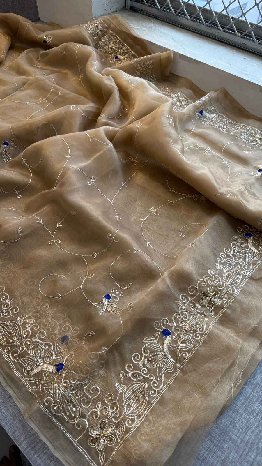 Peacock Resham Embroidery On Tissue Organza Silk · 40 Artisan Hours of work · The Noor Edit