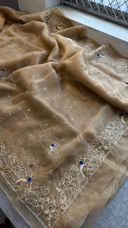 Peacock Resham Embroidery On Tissue Organza Silk · 40 Artisan Hours of work · The Noor Edit