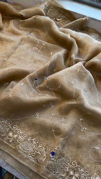 Premium Tissue Organza Saree With Peacock Embroidery And Elegant Floral Border Design