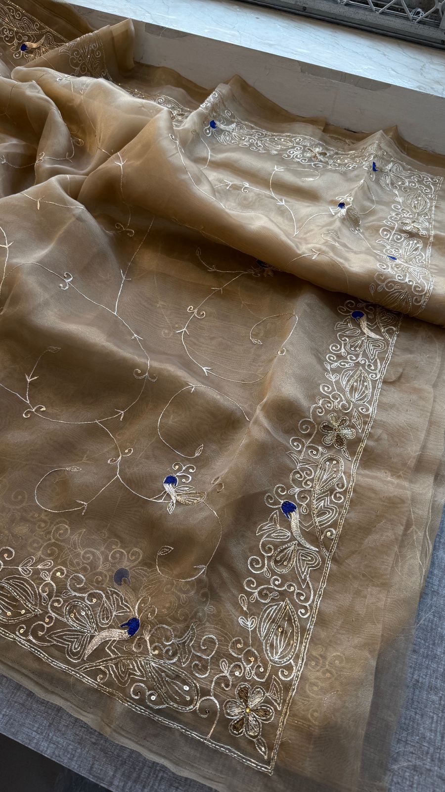Peacock Resham Embroidery On Tissue Organza Silk · 40 Artisan Hours of work · The Noor Edit