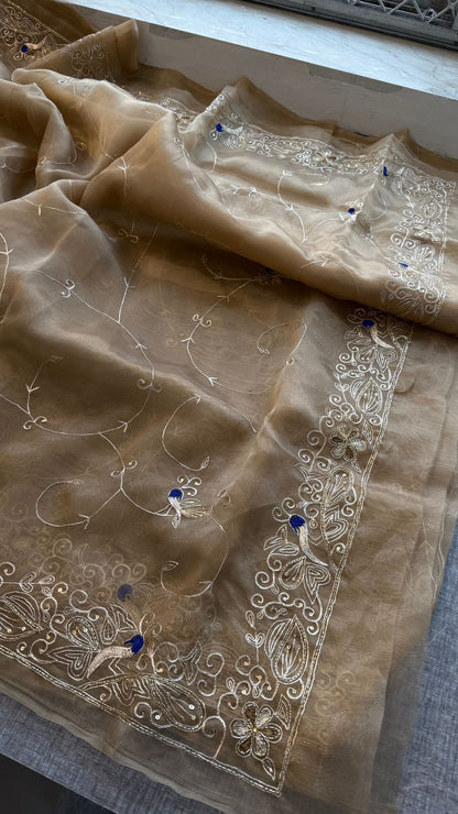 Peacock Resham Embroidery On Tissue Organza Silk · 40 Artisan Hours of work · The Noor Edit
